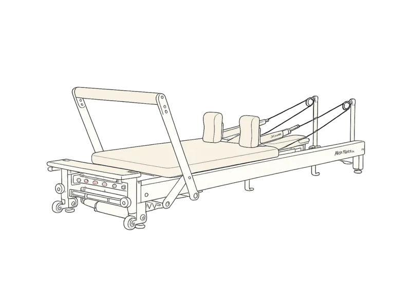 Line illustration of an Align Pilates reformer, showing the carriage, footbar, shoulder blocks, springs, ropes and straps